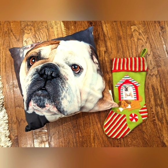 Bulldog velvet pillow, plus 2 linen pillow shams & stocking. New Bull dog decor - Picture 3 of 14